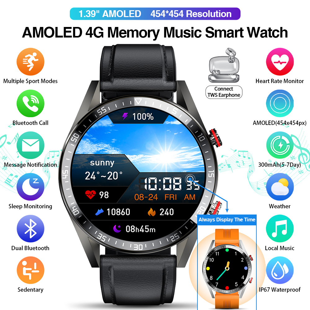 

454*454 AMOLED screen smart watch Always display the time bluetooth call 4G local music smartwatch for men Android TWS earphonesg, Black