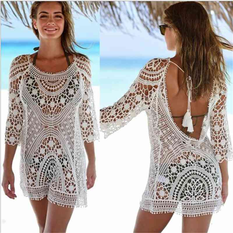 

Casual Dresses White Knit Crochet Tunic Beach Cover up Women Swimwear Sexy See Though Open Back Mesh Summer Wear Mini Sarong OJ0J, Mix 3 different colors