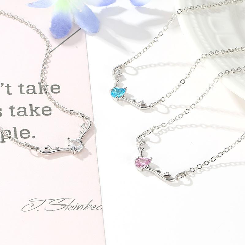 

Pendant Necklaces Christmas Elk Horn Clear Blue Pink Drop-Shaped Crystal Vivid Starry Bling Pendants Silver Plated For Women