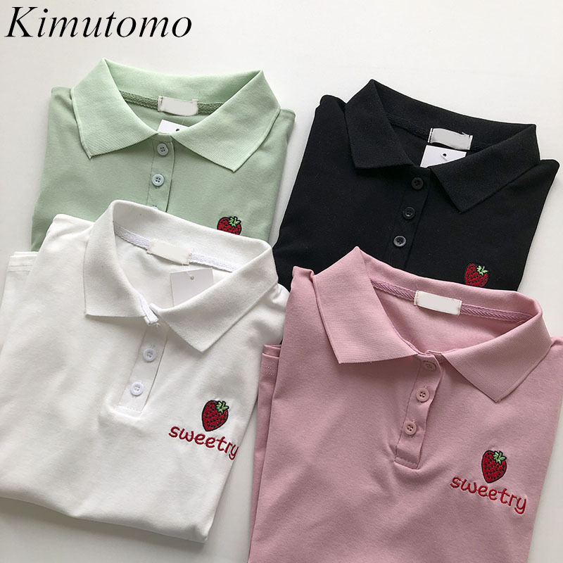 

Kimutomo Fresh Style Strawberry Letter Embroidered T-shirt Female Summer Korean Fashion Short Sleeve Top Casual 210521, Black