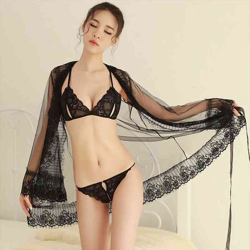 

Sexy Bridesmaid Robes Women Bra Sets Lace Porno Lingerie Robe See Though Bathrobe Ladies Long Gowns Black Women Clothes, Black;red