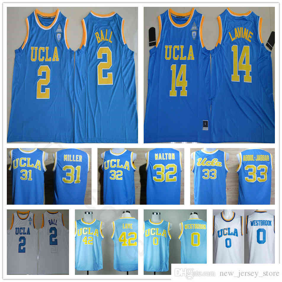 

NCAA UCLA Bruins Lonzo 2 Ball Zach 14 LaVine 32 Walton Kevin 42 Love Reggie 31 Miller Russell 0 Westbrook Stitched Basketball Jersey, Gold