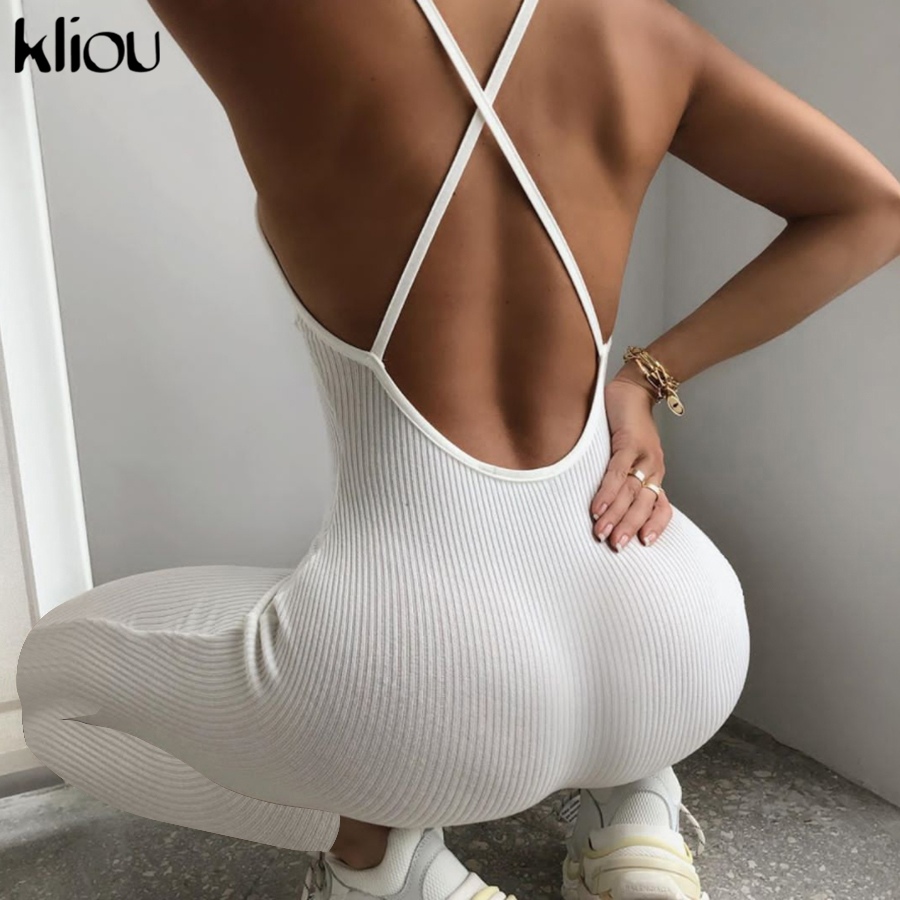 

2021kliou v-neck skinny jumpsuit women summer hollow out partywear halter sleeveless streetwear outfit fitness backless, Black;white
