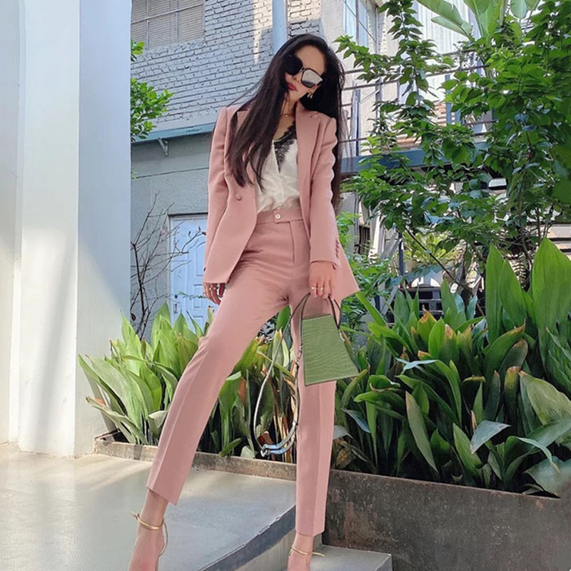 

2021Women's Suits & Blazer pink slimming Korean style suit OL high waist nine-point pants fashion age reduction two-piece