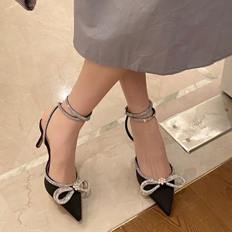 

Brand Female Sandals Solid Ankle Strap Pointed Toe High Heel Women Butterfly Knot Design Shoes, Black