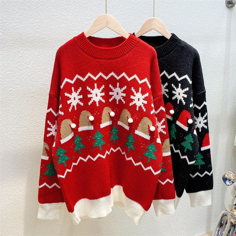 

Women's Sweaters Fashion Print Christmas Sweater Women 2021 Simple O-neck Long Sleeve Fall Winter Jumpers Loose Soft Knitted Tops Sueter, White;black