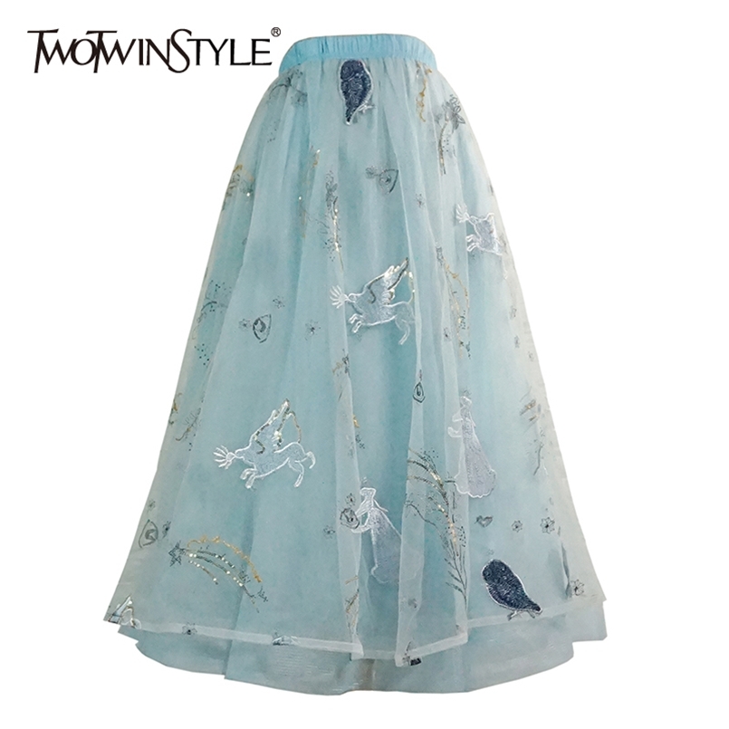 

Elegant Blue Embroidery Patchwork Mesh Skirt For Women High Waist Casual Midi Skirts Female Summer Fashion 210521