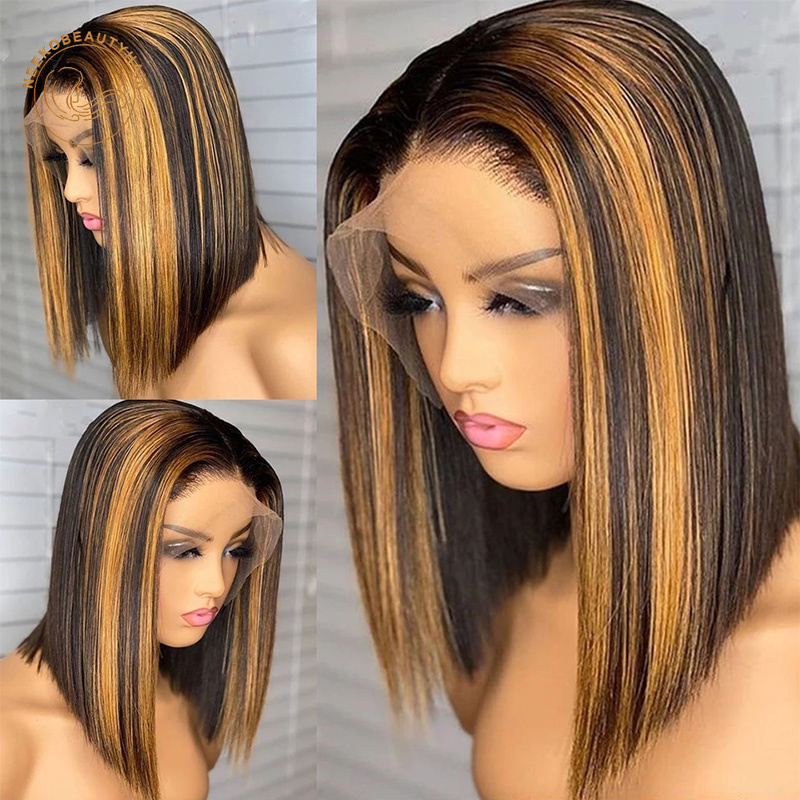 

Brazilian Highlight Wig Ombre Brown Honey Blonde Short Bob Lace Front Human Hair Synthetic Straight Wigs For Women, Highlight brown color like picture