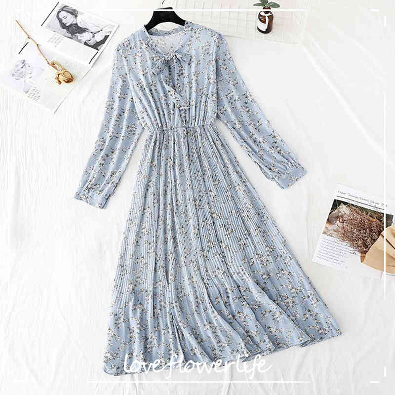 

Elegant Floral Print Women Summer Dress Sweet Bow Collar Long Sleeve Female Pleated Chiffon Dresses Vintage Midi Vestidos 210521, Color 20