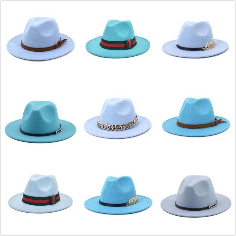 

Wide Brim Hats Sky Blue Wool Felt Jazz Fedora Men Women Sombrero British Style Trilby Formal Panama Caps Dress Cowboy Sun Hat, Blue;gray