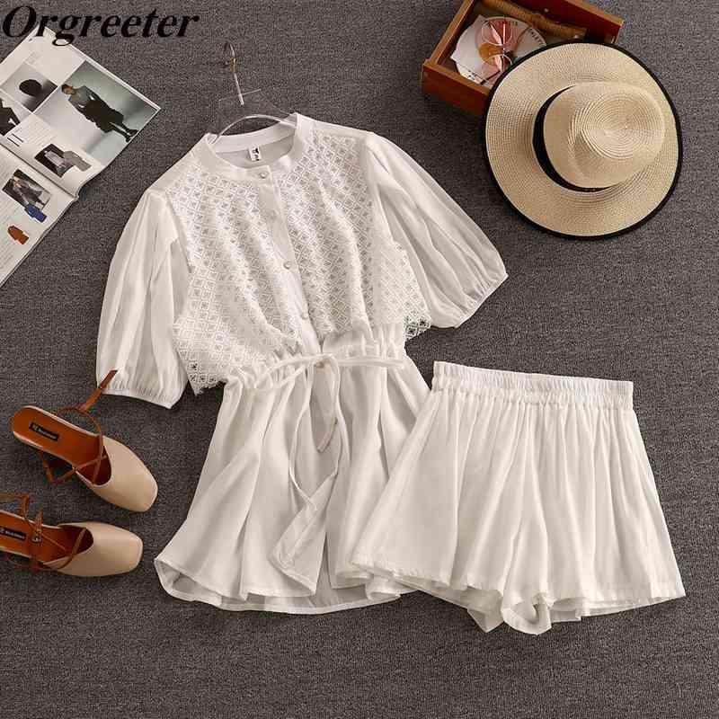

White Shorts Suit Summer Trendy Puff sleeve Hollow out Lace Patchwork Long Shirt + Elastic waist Two-piece Set Female 210525