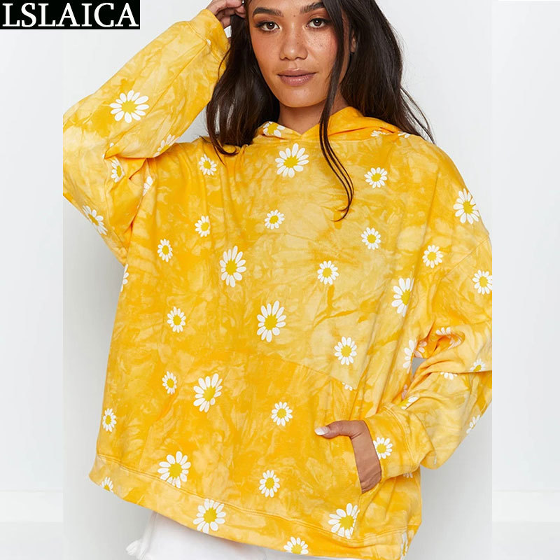 

Hoodies Women Sweatshirts Daisy Print Long Sleeve Pocket Autumn Winter Casual Blouses Loose Streetwear Lady Tops Home Clothing 210520, Gold