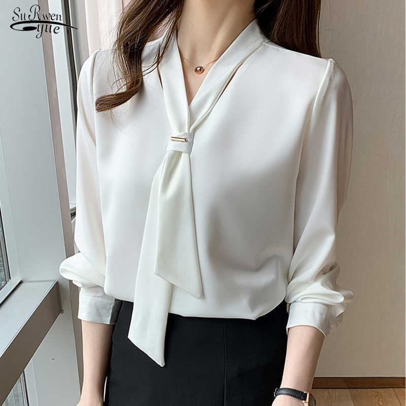 

Spring Fashion Chiffon Women Blouse Office Lady Long Sleeve Solid Women V Neck Shirts with Tie Loose Female Clothing 210527, White