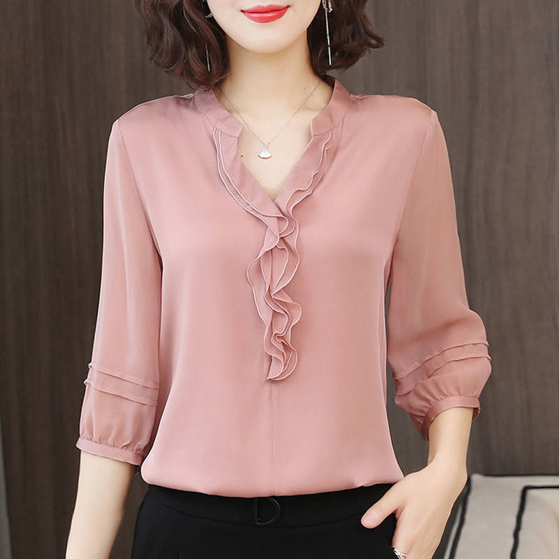 

Designs Women Spring Summer Style Lady Casual Half Lantern Sleeve Chiffon Blouses Shirts V-Neck Ruffles Decor Blusas Tops 5XL xl, Beige