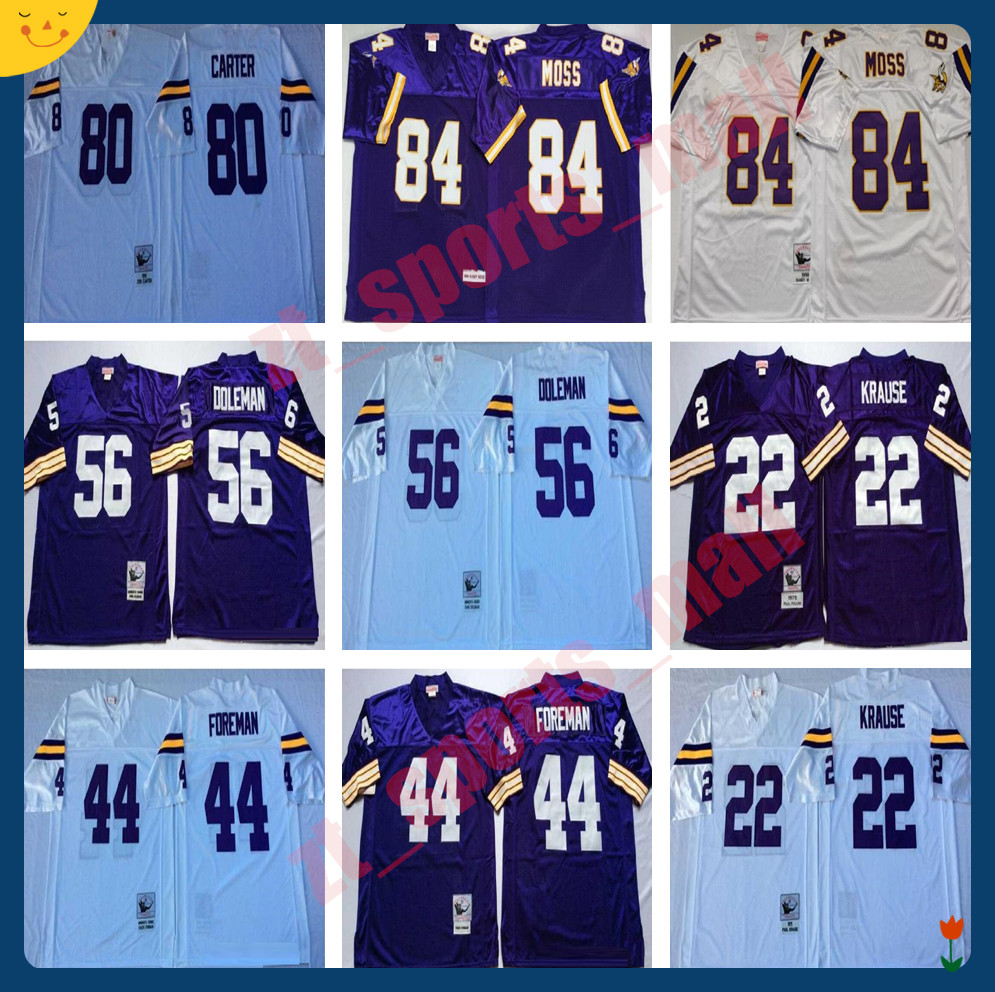 

Retro Jersey 84 Randy Moss Fran Tarkenton Adrian Peterson Chuck Foreman 56 Chris Doleman Cris Carter Alan Page John Randle M&N Football, As shown in illustration