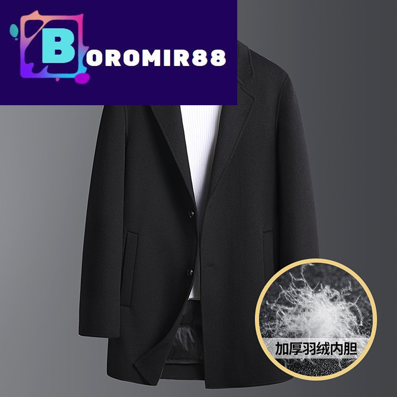 

Autumn Down Wear Coat Jacket and winter down inner liner thickened cashmere free medium long wool double-sided tweed coat, Black