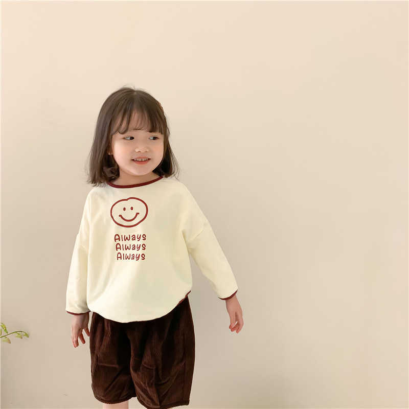 

Spring Baby Girls Cotton T-Shirt Long-sleeve Boys Smiley Print T shirts Children Clothes Kids Tops 210615, Beige