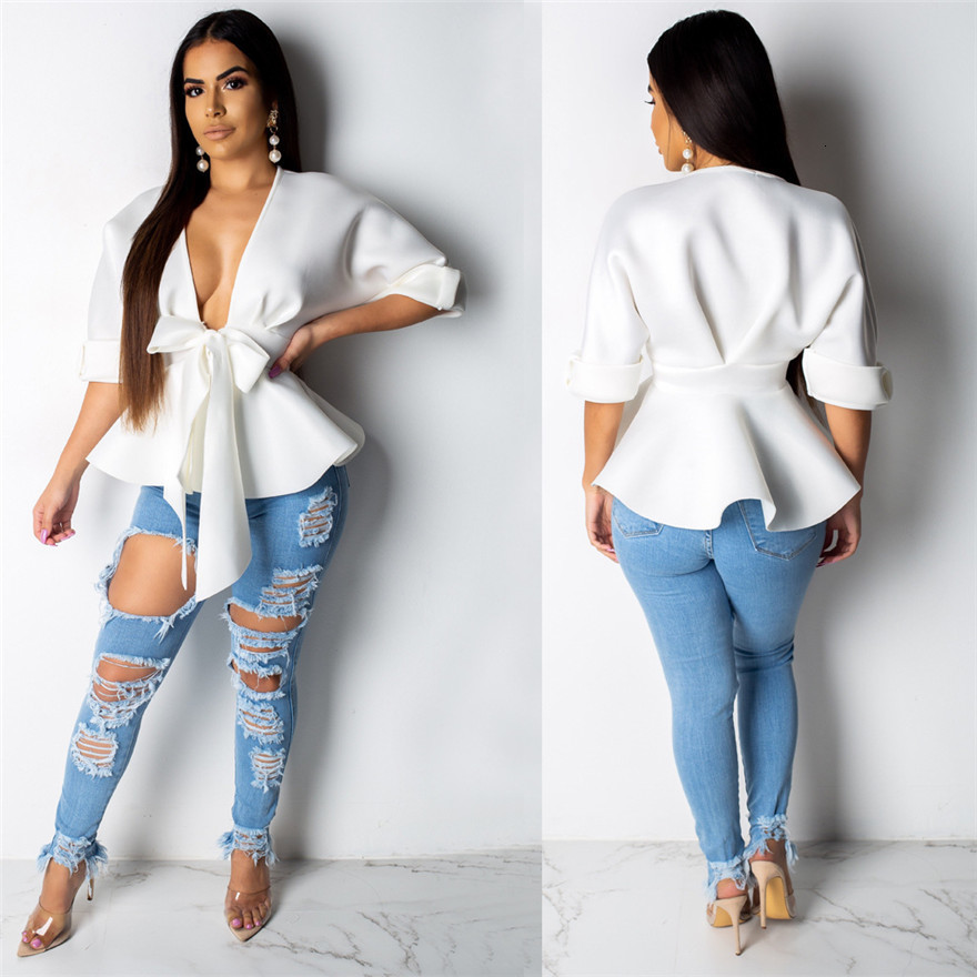 

Women's Blouses & Shirts Ruffled Cardigan Half Sleeve V Neck Loose White Sexy Long with Sashes IKEA