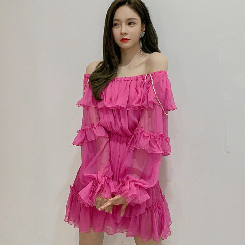 

Women Chiffon Dress Sexy Slash Neck Ruffles A-line Dresses Lady Elegant Vintage Beach Mini Dress Vestidos 210518, Photo color