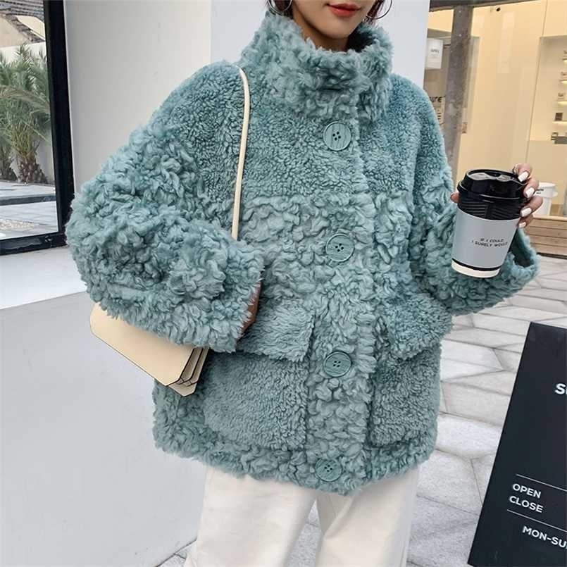 

Ptslan Genuine Wool Soft Winter Button Stand Collar Jackets Real Shearing Sheep fur Coats Patch PocketP5859 211110