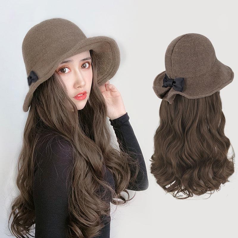 

Wide Brim Hats High Temperature Fiber Synthetic Knitted Fisherman Bucket Hat Long Wavy Wig All-In-One Fluffy Breathable Natural Sun, Blackhat