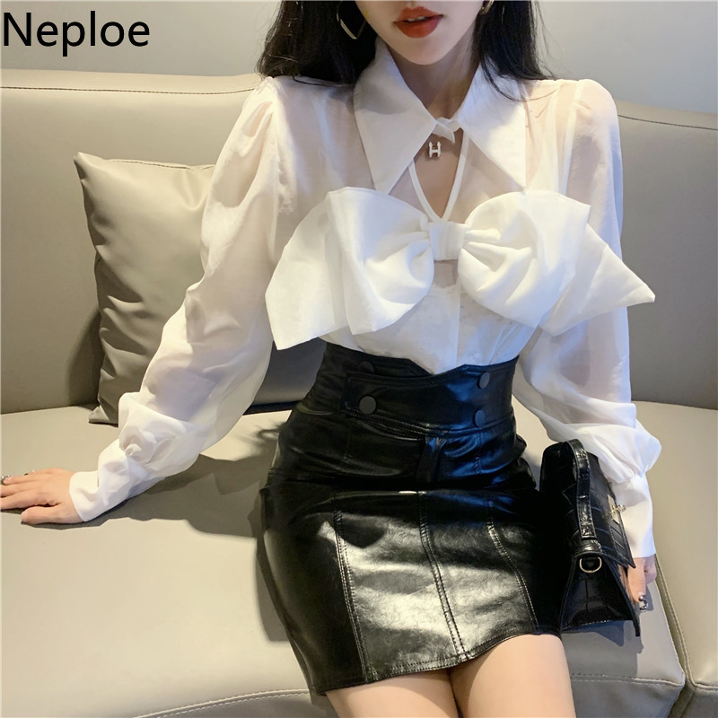 Neploe Blouse Women Blusas Mujer De Moda Temperament White Shirt Lace Up Bow Hollow Tops Chic Lantern Sleeve Blouses 4G038 210422