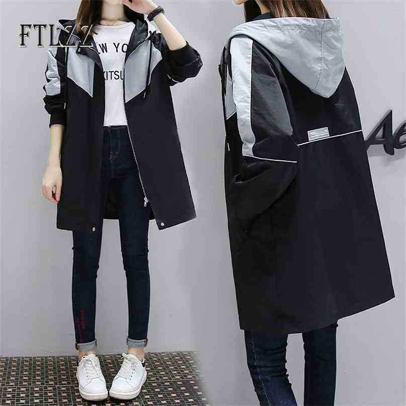 

Women Grey Trench Coat Spring Autumn Loose Casual Hooded Long Coats Ladies Vintage Streetwear Patchwork Windbreaker 210525