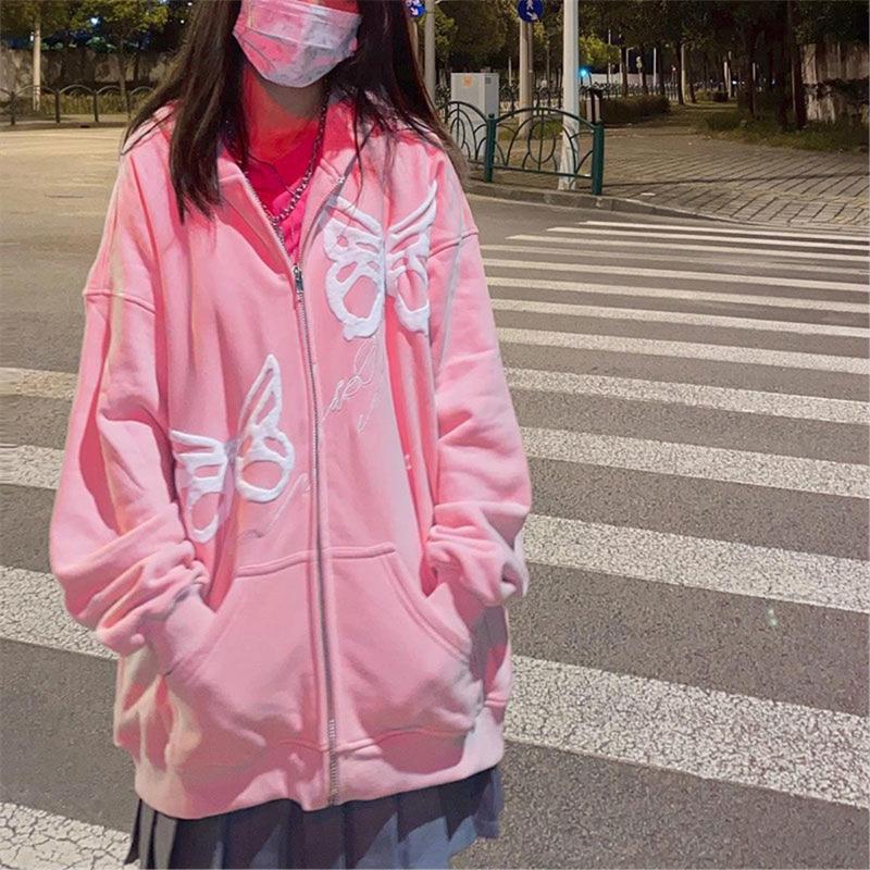 

Women's Hoodies & Sweatshirts Butterfly Print Sweatshirt Female Harajuku Streetwear Funny Hoodie Women Pink Teens Pullover High Street Vinta, Black