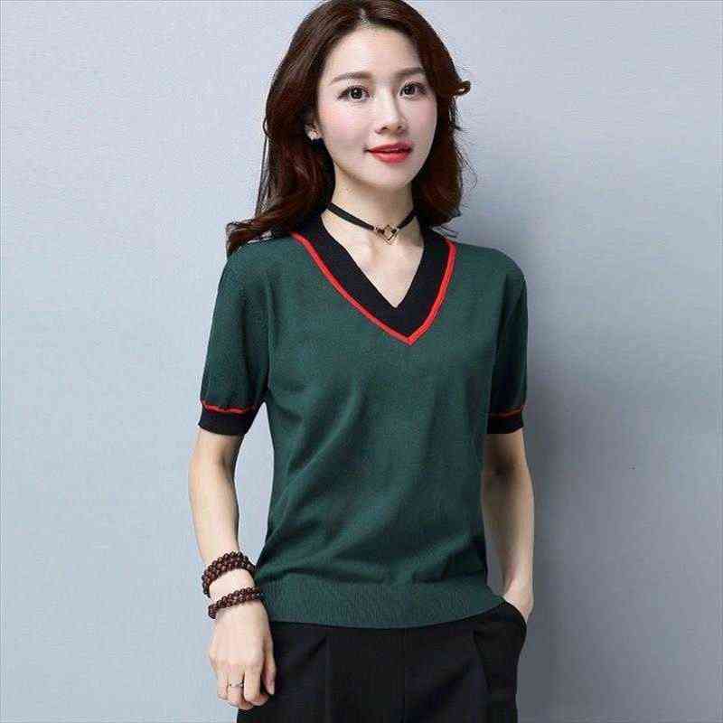 

large size stripe knitted women sweaters short sleeve v neck for summer breathable contrast color knitwear high elasticity female, White;black
