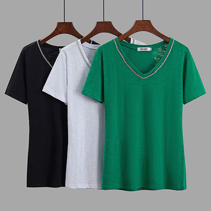 

Women's T-Shirt Brand Fashion Women High-end Luxury Summer Slim Diamond Cotton V-neck Short-sleeved T-shirt Tees Top YAG2, Black