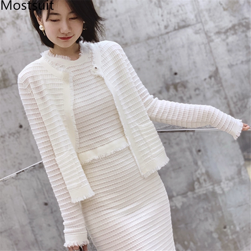 

Spring Autumn Elegant Knitted 2 Piece Sets Suits Women Long Sleeve Cardigan + Sleeveless Dress Vintage Office 210518, Black