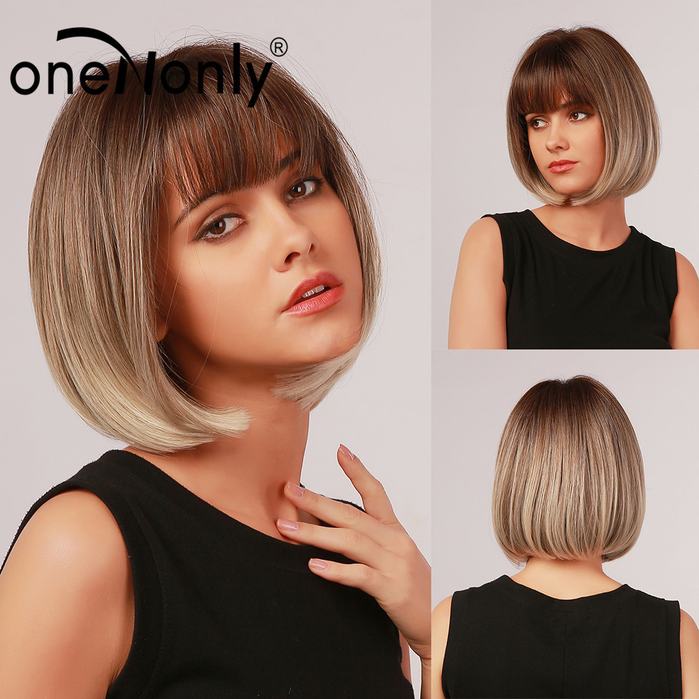 

oneNonly Short Bobo Wig Ombre Brown Blonde Gray Synthetic Wigs with Bangs Cosplay Natural Daily Hair for Women Heat Resistant, Black;brown