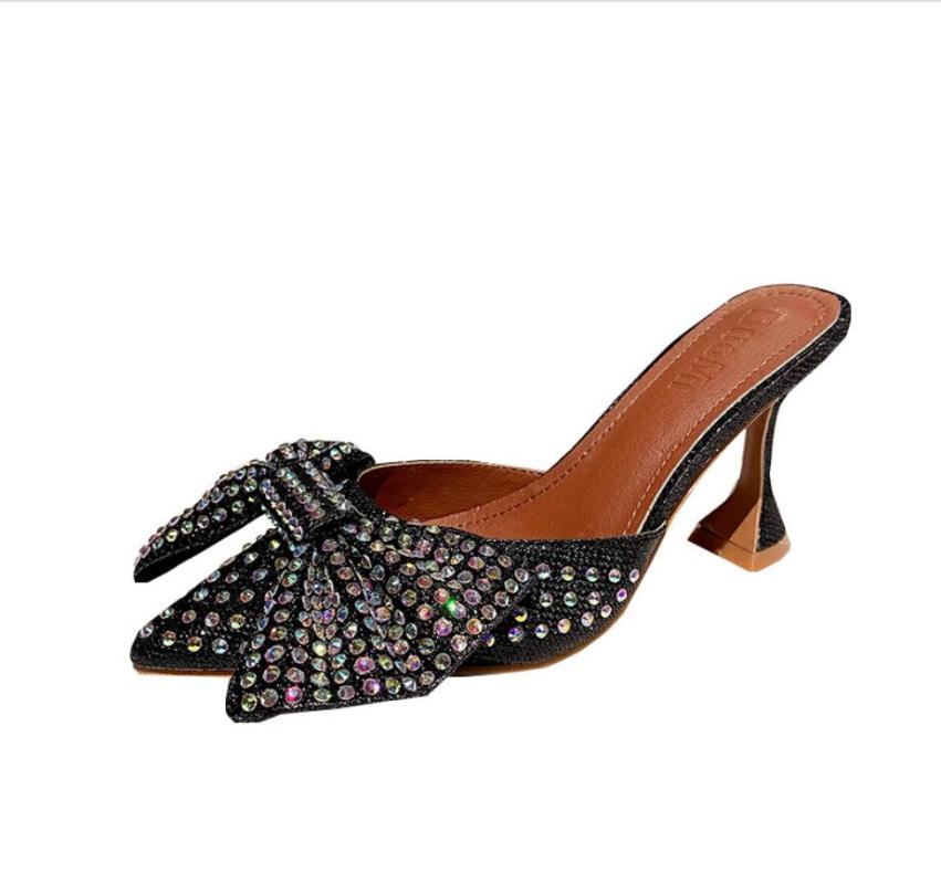 

Sandals 2021 Summer Fashion Women Crystal Beaded Bowtie High Heels Ladies Pointed Toe Shoes, Black