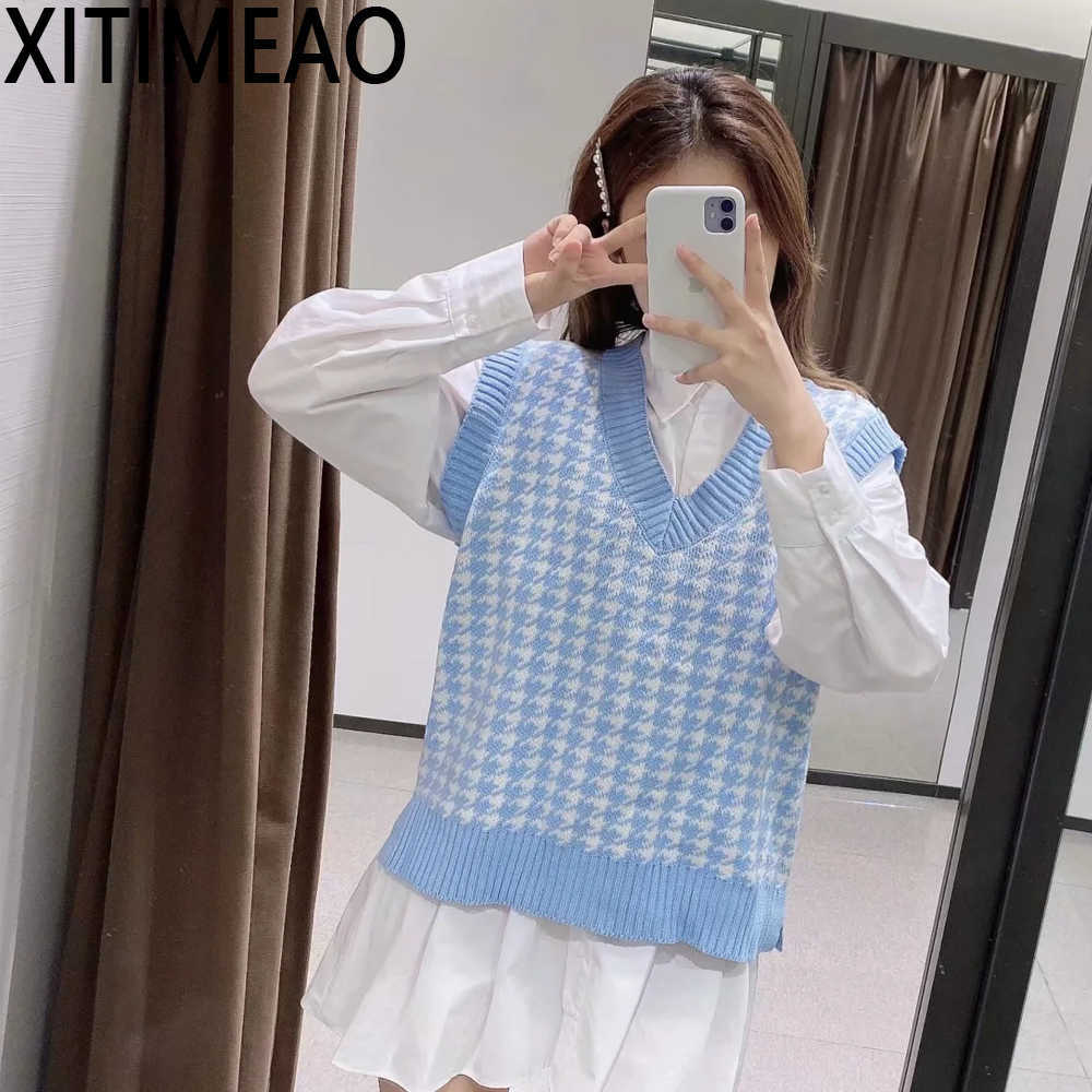 

ZA Women Fashion Houndstooth Loose Knitted Vest Sweater V Neck Sleeveless Side Vents Female Waistcoat Chic Tops 210604, White