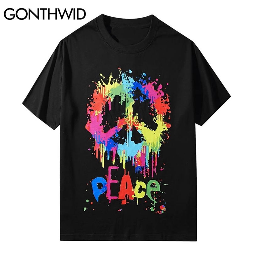 

T-Shirts Streetwear Colorful Graffiti Ink Anti-War Peace Tshirts Fashion Harajuku Casual Hip Hop Loose Mens Tees Tops 210602, White