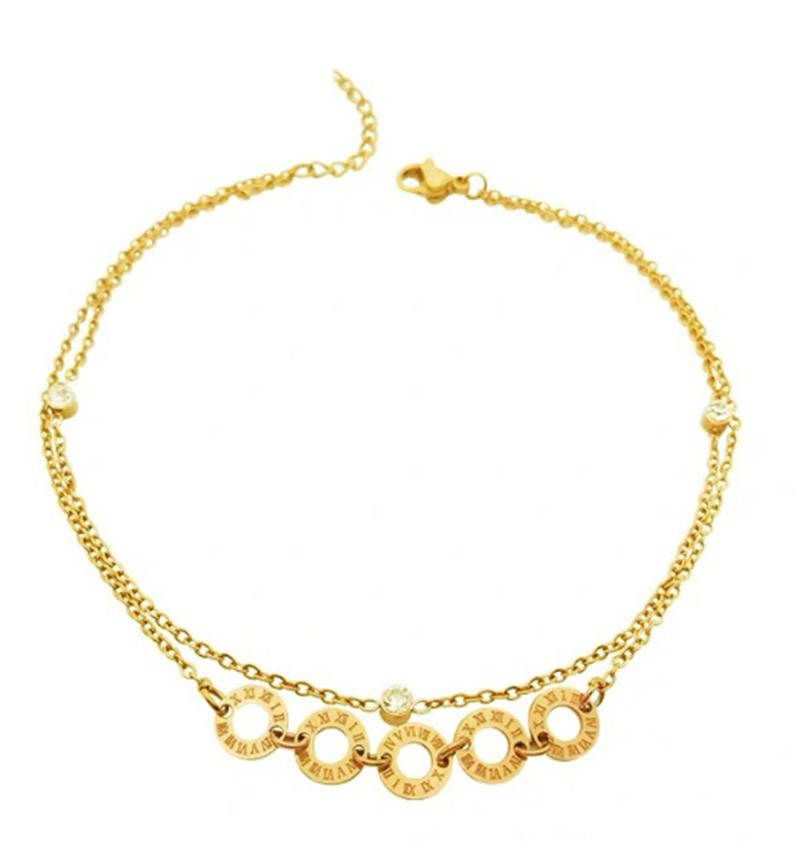 

Link, Chain 316L Stainless Steel Non-fading Roman Script Pendant Double Zircon Anklet, Ladies Bracelet