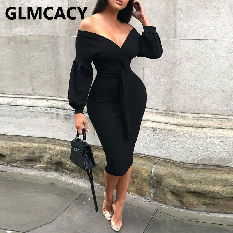 

Women Long Sleeve V Neck Bodycon Dress Elegant Chic Ladies Dress, Black