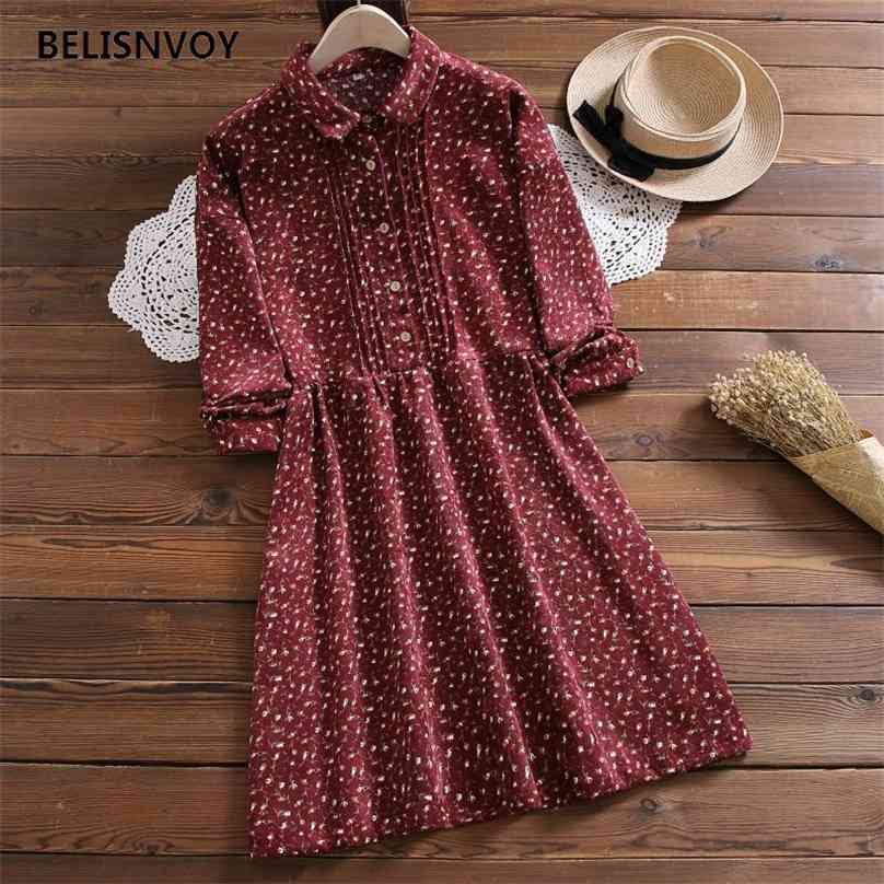 

Autumn Winter Casual Women' Dress Navy Blue Red Corduroy Floral Printed Vestidos Turn-down Collar A-line Sweet Shirt Mini 210520