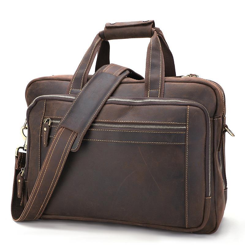 Briefcases Crazy Horse Leather Men's Briefcase Business Vintage Handbag Laptop Bags Casual Large Capacity Shoulder Messenger-image-721306057