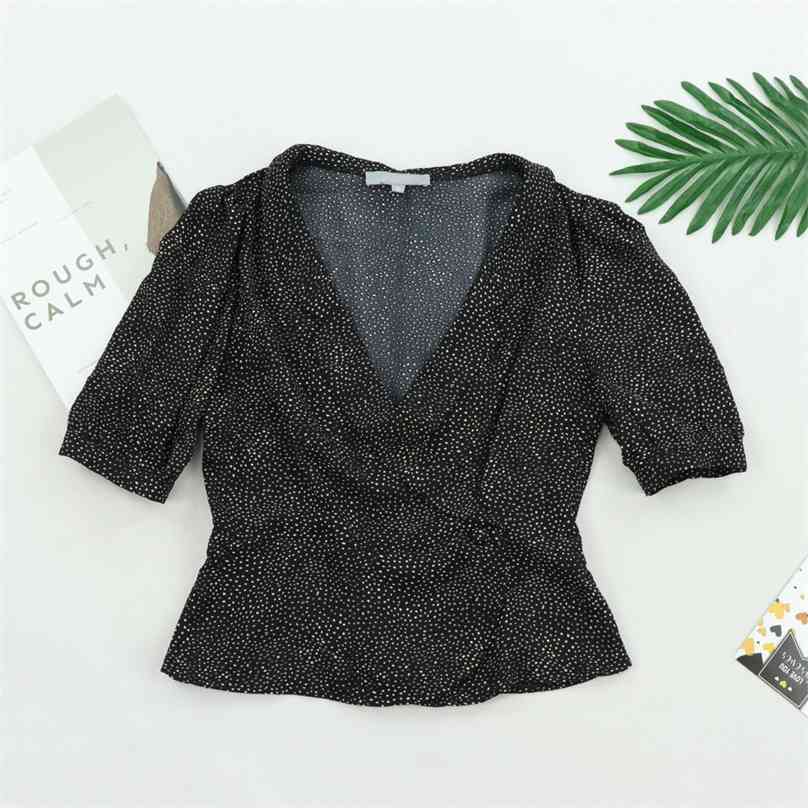 

Elegant haut top women vintages blouse korean puff sleeve vintage short crop ruffle floral sleeves 210520, Black