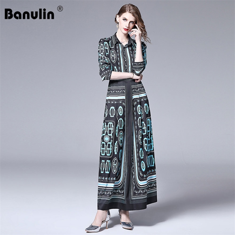 

Banulin Autumn Designer Runway Long Maxi Dress Women Turn Down Neck Vintage Stripe Printed Ankle-Length Party Dresses 210603, The picture color