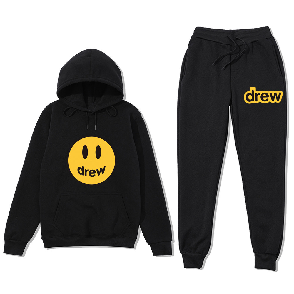 

Drew justinbieber Justin Bieber same smiling face men's Hooded Sweater casual pants suit, Black