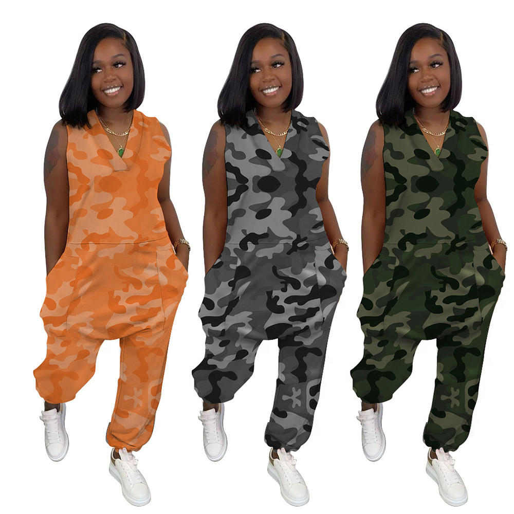 

Camouflage Print Loose Rompers Womens Jumpsuit Deep V Neck Sleeveless One Piece Overalls Streetwear Workout Side Pocket Outfit, Black;white