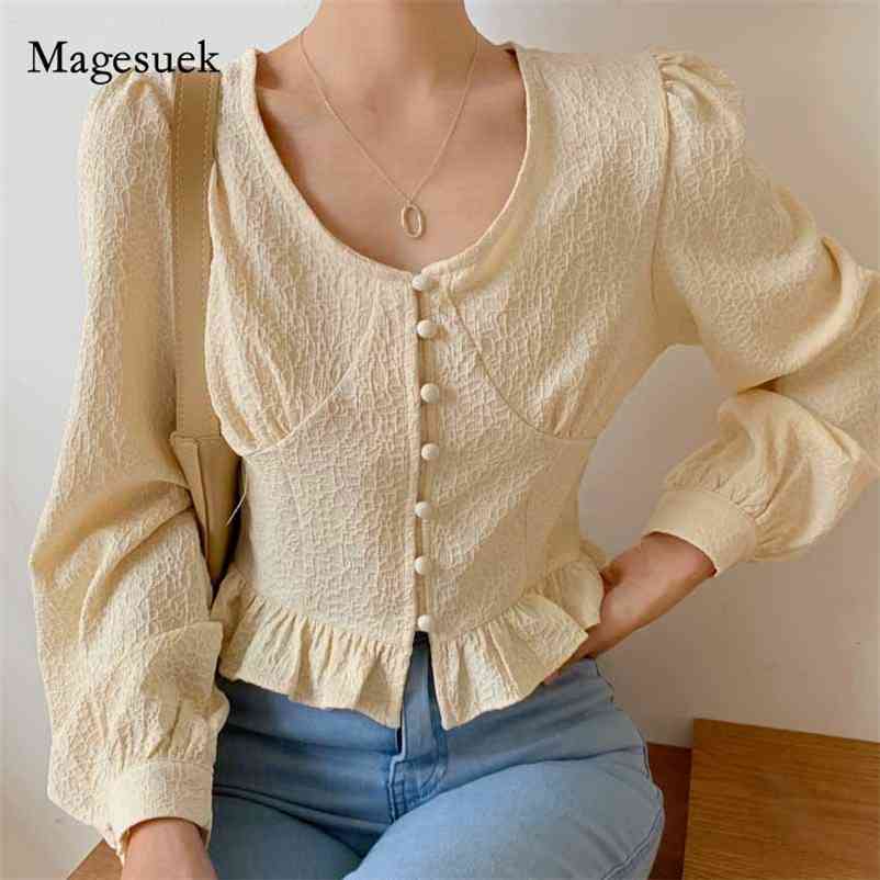 

Autumn Women French-Style Retro V-neck Long Puff Sleeve Blouses Solid Folds Single-breasted Ladies Shirt Blusas Mujer 11016 210518, Black