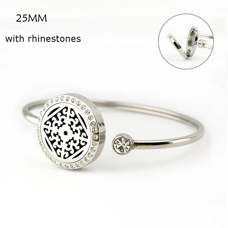 Bangle (Free With 10pcs Felt Pads) Lace Flower 316l Stainless Steel 25mm Magnetic Essential Oil Diffuser Locket Bangles Rhinestone-image-707797348