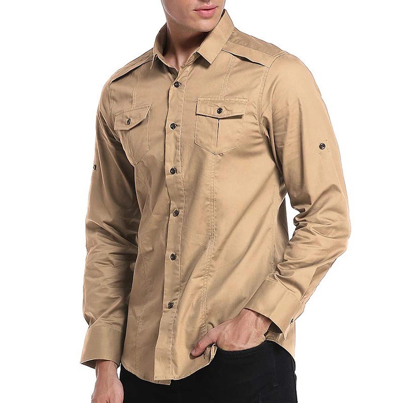 

Men' Shirts Home Essentials Cardigan Long Sleeved Lapel Simple Collar Jacket Pure Color Home Clothes Autumn Winter Men, Khaki