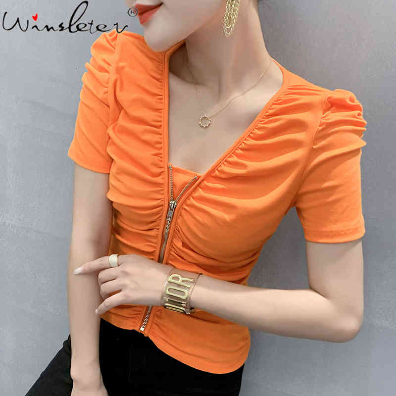 

Women's T-Shirt Summer Korean Style Cotton Stretchy Sexy Fashion Drape V-Neck Zipper Women Tops Sleeve All Match Tees 2021 T14808A, White tshirt