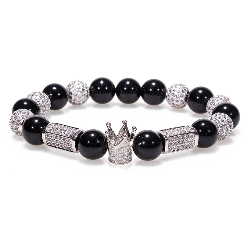 

New Zircon Ball Men Women Jewelry Cubic Micro Pave CZ Crown Charm & 10mm Bla Onyx Round Stretchy Bracelet 2021 DropshippingBracelets