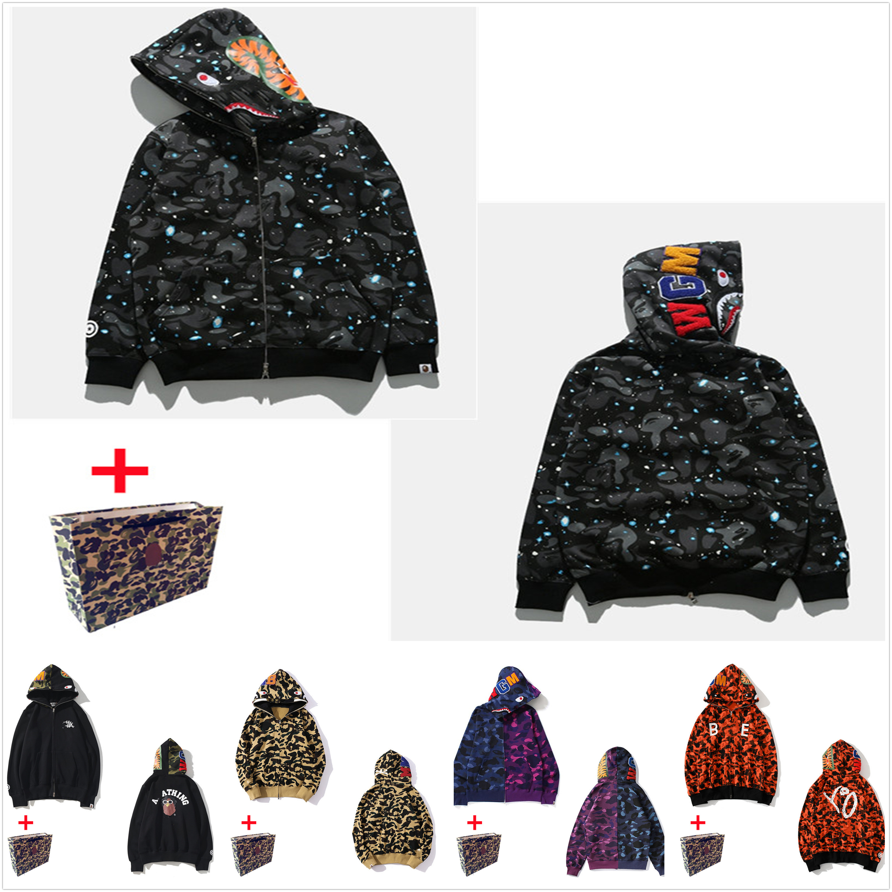 

Men Hoodies women's cardigan shark hooded sweater zipper jacket starry sky luminous camouflage Bring tote bag 0301, 1pcs button