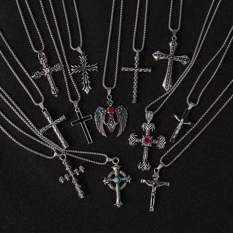 

Pendant Necklaces European And American Cold Wind Cross Stainless Steel Necklace Set Diamond Alloy Men Women Sweater Chain, Silver